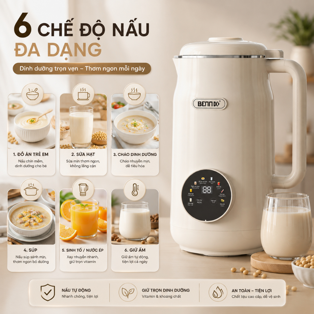 Máy xay sữa hạt đa năng Bennix BN-826K, dung tích 1.5L, nhanh chóng, tiện lợi, chính hãng