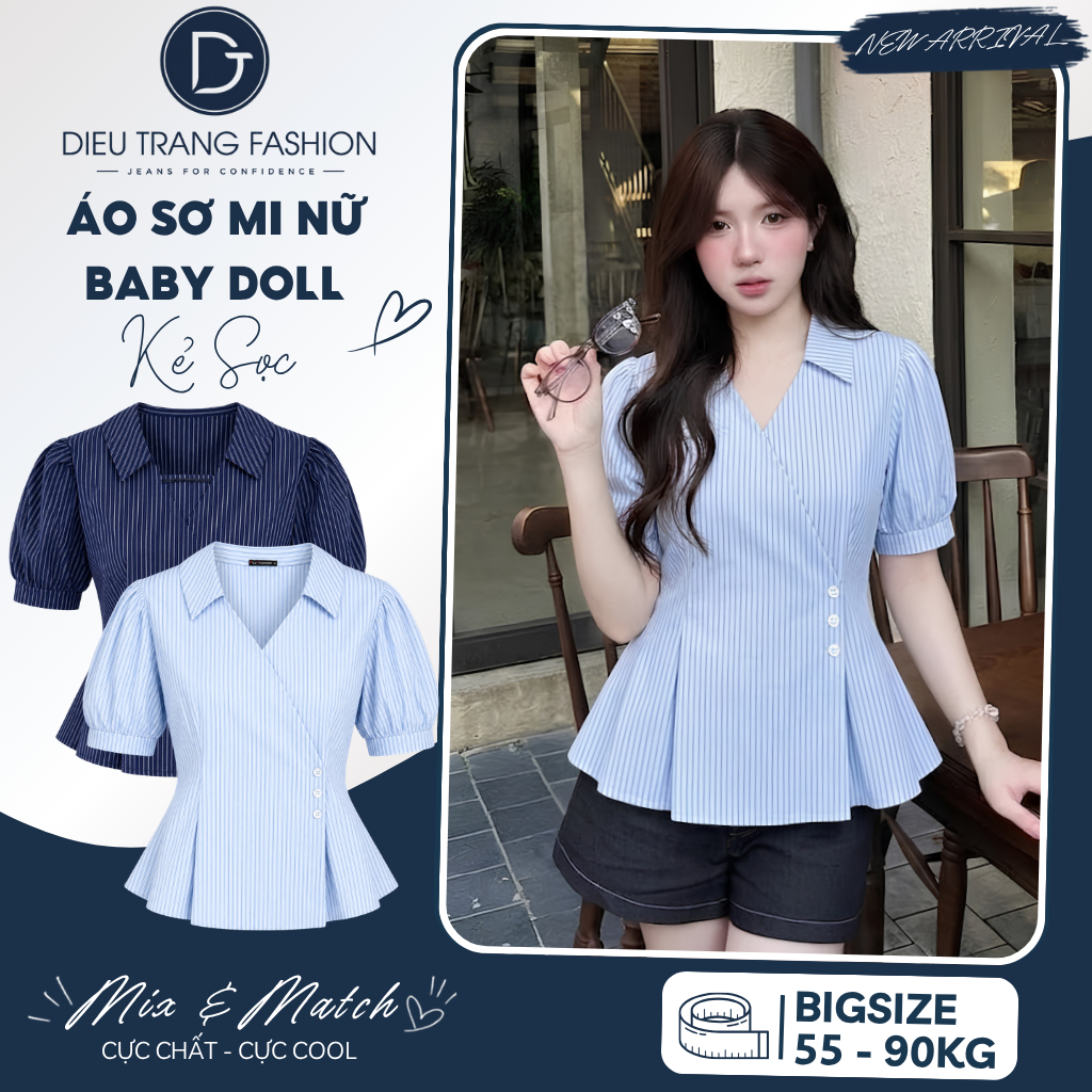 Áo Sơ Mi Nữ Baby Doll Kẻ Sọc Tay Phồng Che Bụng Tôn Dáng Bigsize AT470 Dieu Trang Fashion