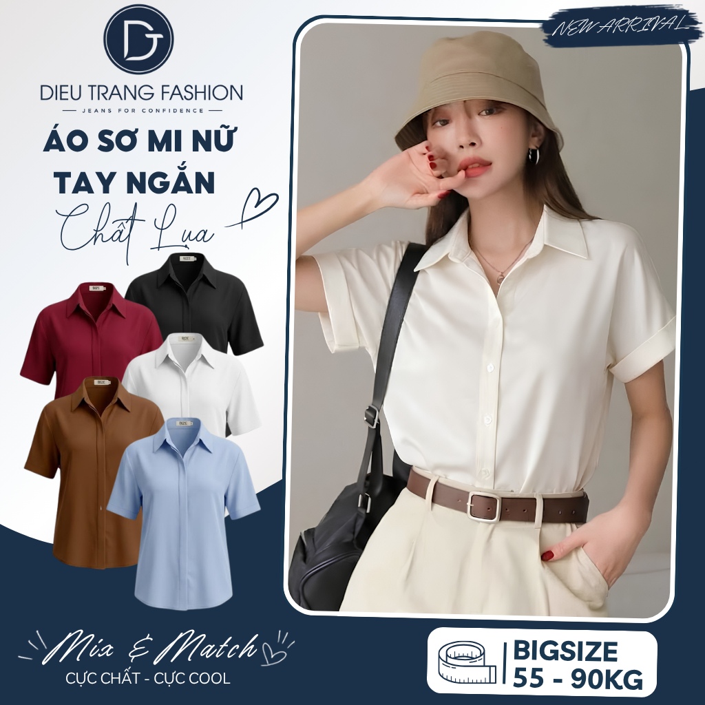 Áo Sơ Mi Nữ Tay Ngắn Công Sở Form Suông Chất Lụa Bigsize 55-90Kg AT8006 Diệu Trang Fashion