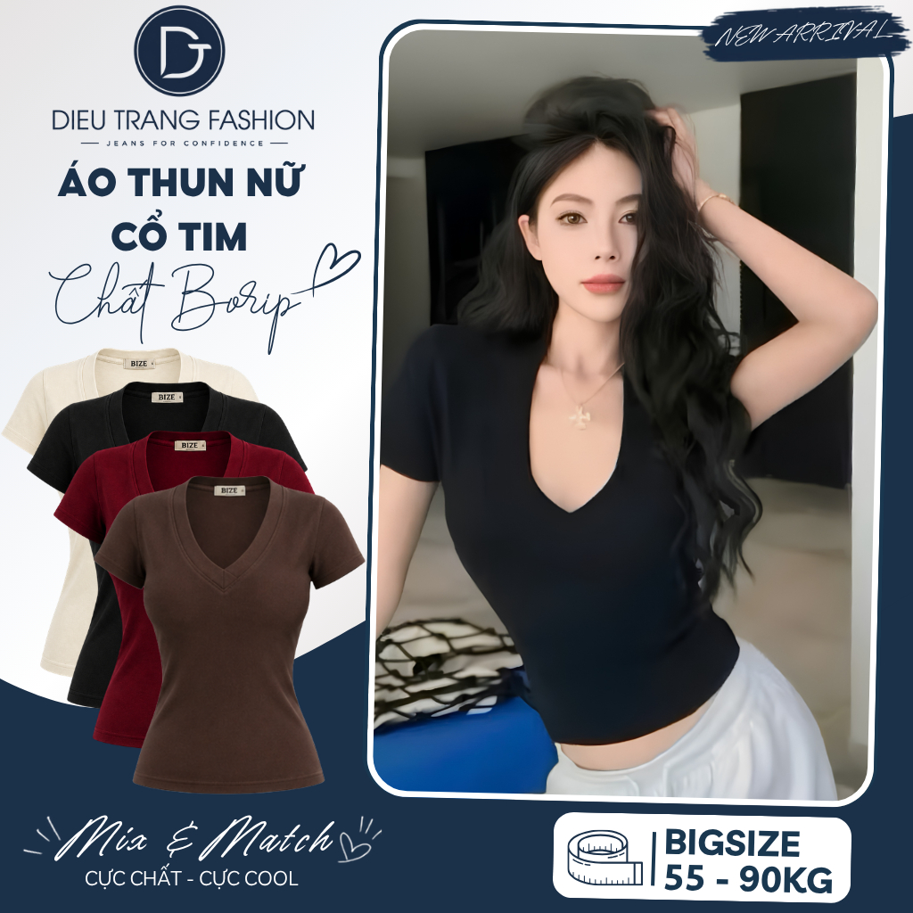 Áo Thun Nữ Cổ Tim Borip Form Ôm Body Chất Borip Co Giãn Big Size 55-90Kg AT9006 Dieu Trang Fashion
