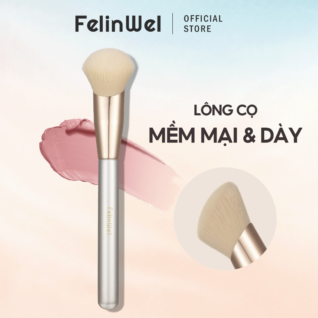 FelinWel - Cọ Tán Má Hồng Đầu Vát Xéo Đa Năng, Lông Cao Cấp Dày Mềm Không Rụng, Thuần Chay, Nhẹ Nhàng Với Da
