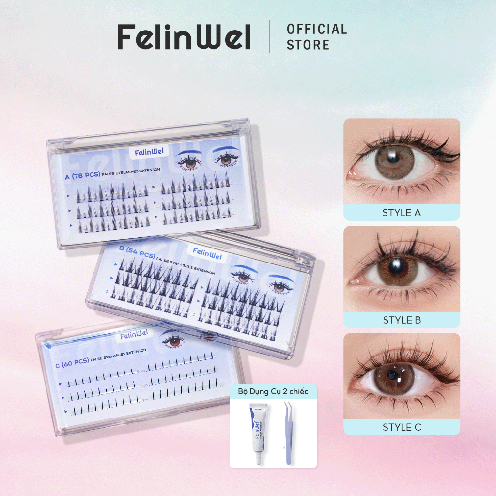 FelinWel - Mi Nối Cụm Riêng Lẻ 3 Kiểu Mềm Mại Không Độc Hại, Tái Sử Dụng Được, Kèm Tùy Chọn Keo & Nhíp