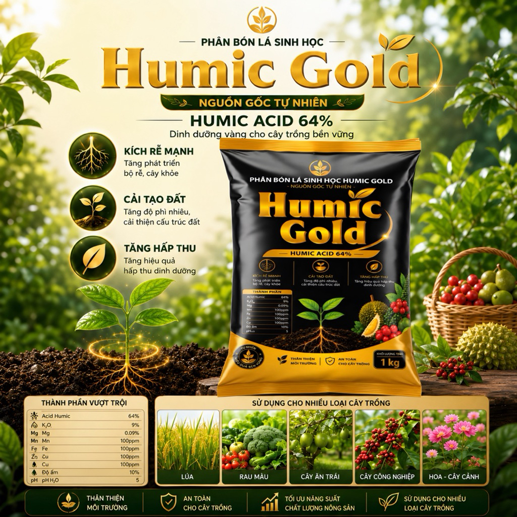 Phân Bón Lá Sinh Học Humic Gold 64% gói 1Kg