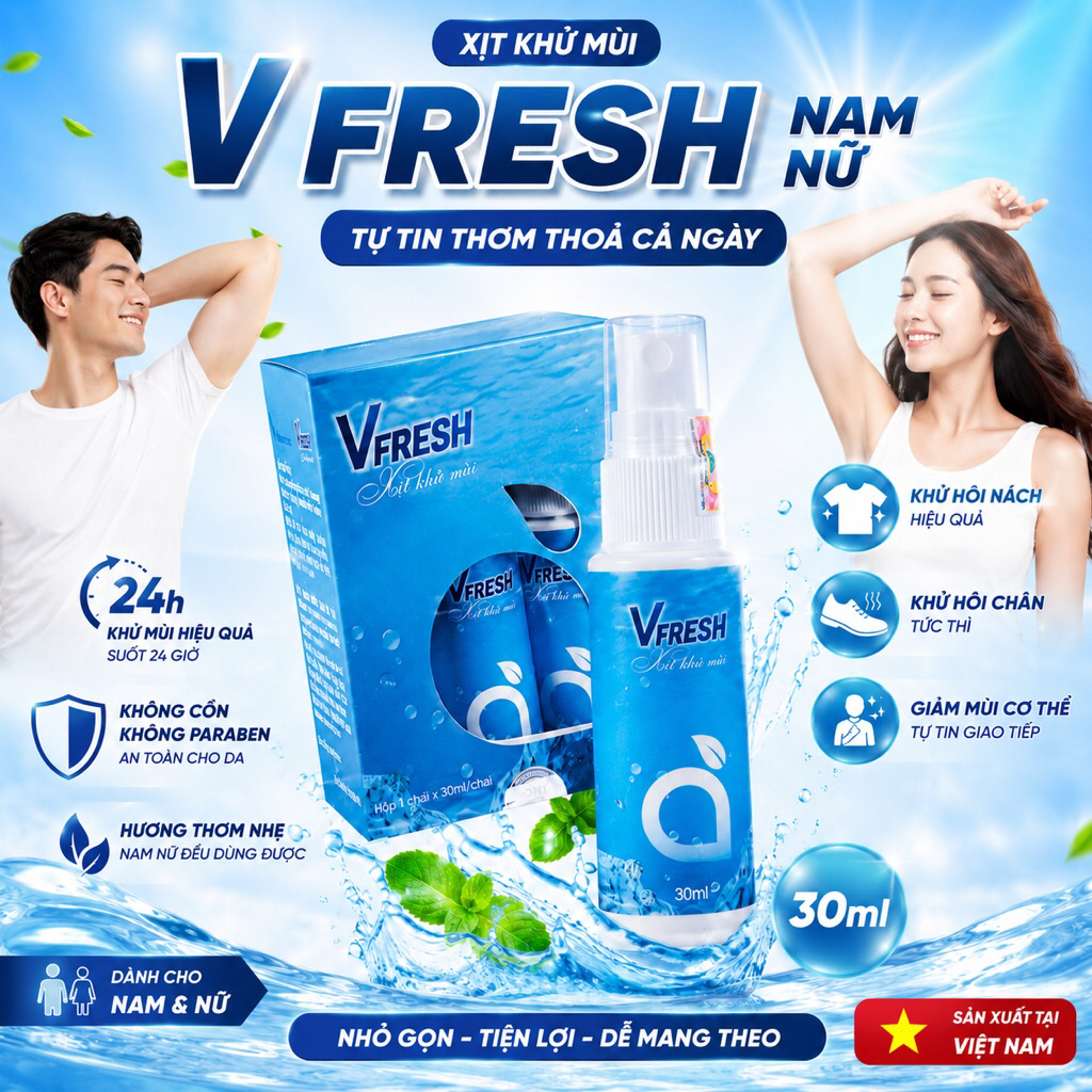 Xịt Khử Mùi Vfresh Thơm Mát Giảm Mùi Hôi Cơ Thể Nam Nữ 30ml