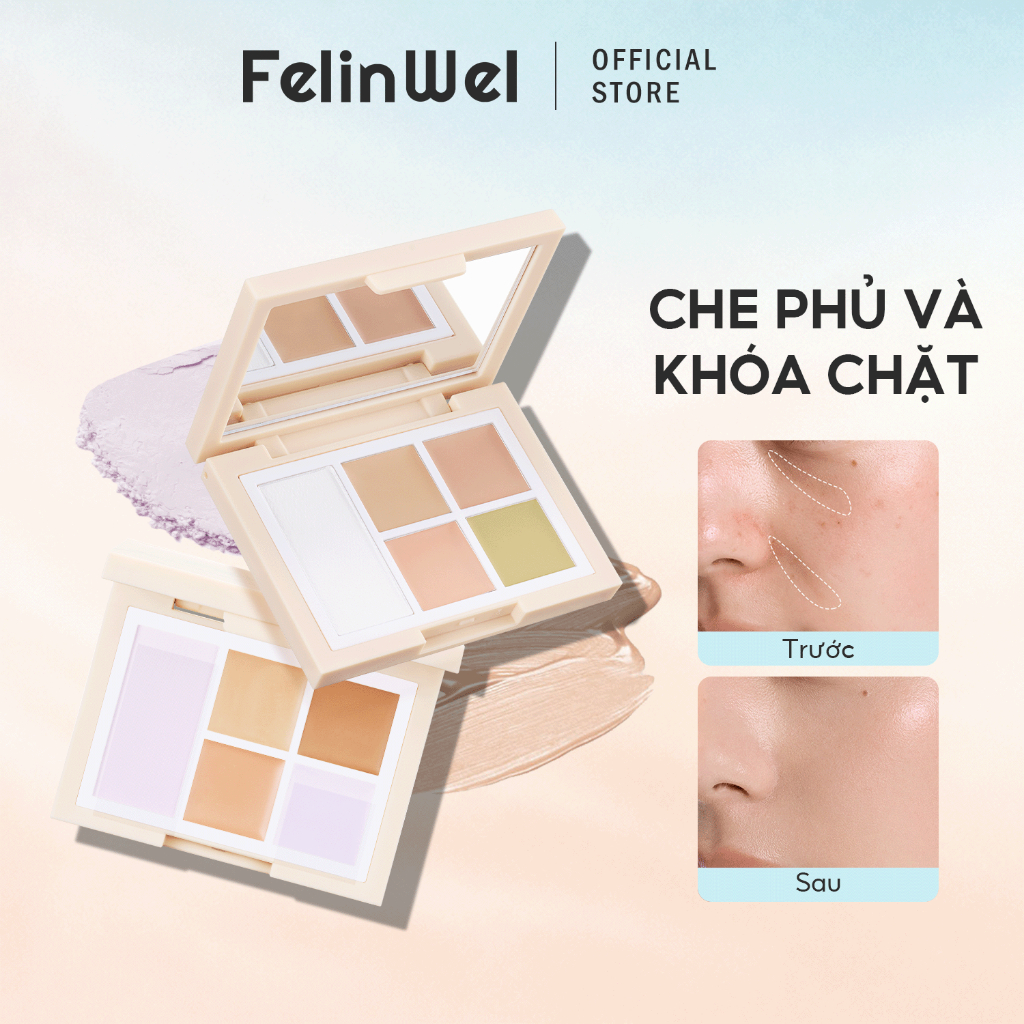 FelinWel - Bảng Che Khuyết Điểm Đa Năng Gồm 2 Tông Màu, Hiệu Chỉnh Màu Da + Phấn Phủ, Kết Cấu Mịn Ẩm, Kèm Cọ Tùy Chọn
