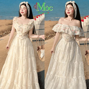 L_ Set đi biển, Set hoa thêu trễ vai bèo tầng eo V mix váy Maxi mặc 2 kiểu hè đi biển xinh xắn