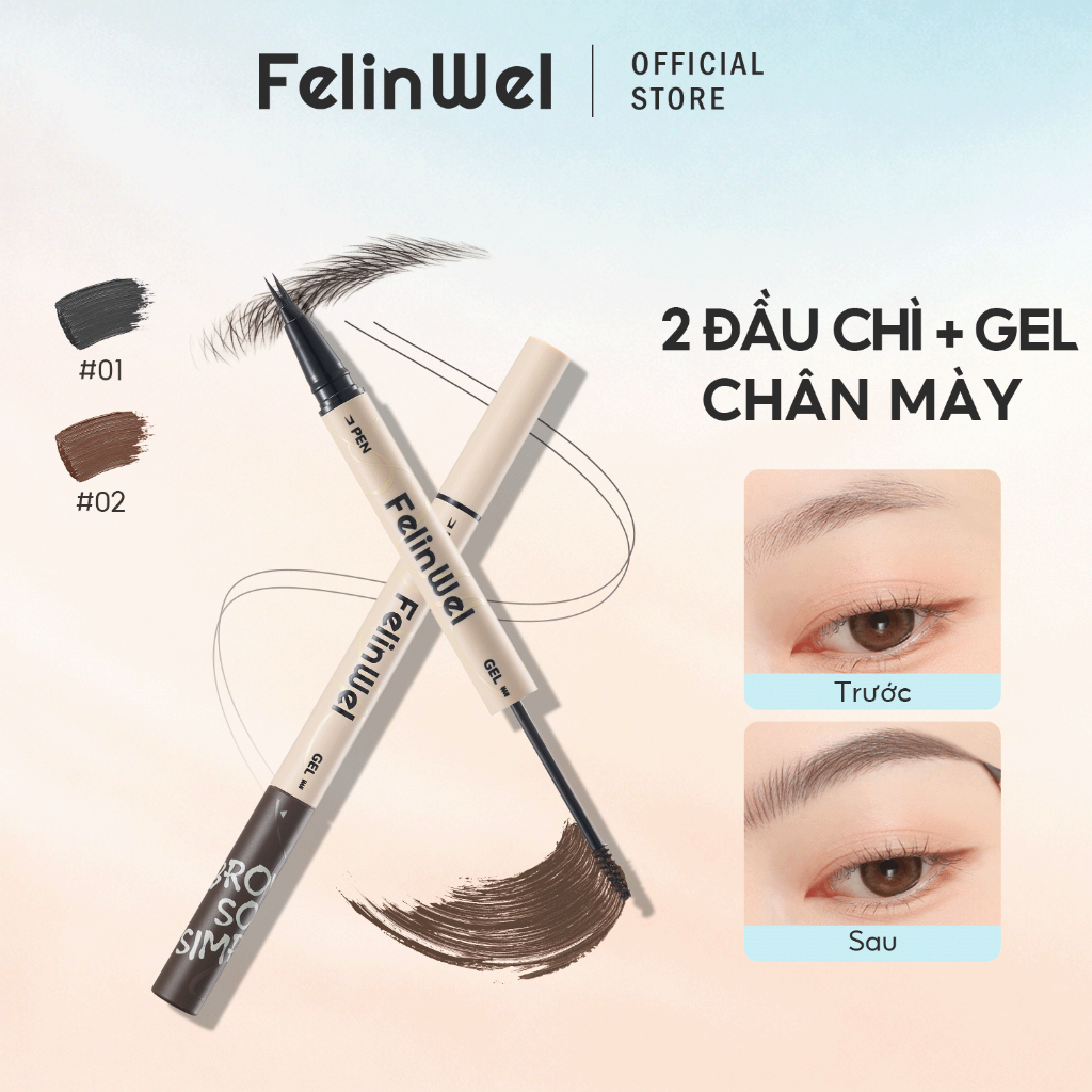 FelinWel - Bút Kẻ Chân Mày 2 Đầu (Dạng Lỏng + Gel Màu) Không Thấm Nước Lâu Trôi, Thuần Chay, Dễ Dùng Cho Người Mới