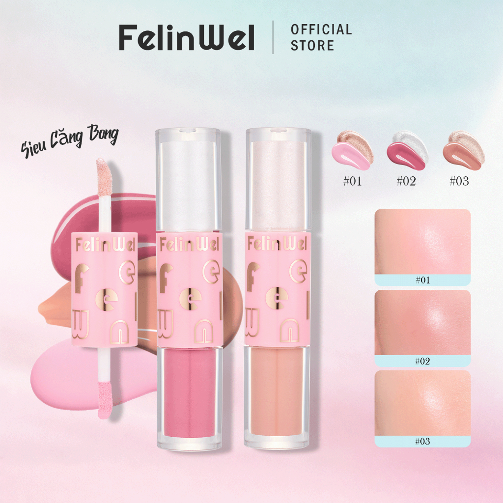 FelinWel - Thỏi 2 Đầu Má Hồng Dạng Kem & Bắt Sáng Siêu Căng Bóng, Chất Lỏng Mỏng Nhẹ Dễ Tán, 3 Tông Màu, 5ml