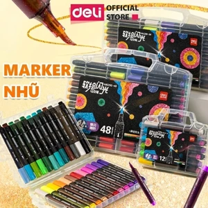 Bút Marker Nhũ Kim Tuyến 1 Đầu 12/24/36/48 Màu Deli Mềm Ngòi Nhũ Sáng Màu Vẽ Anime, Bullet Journal