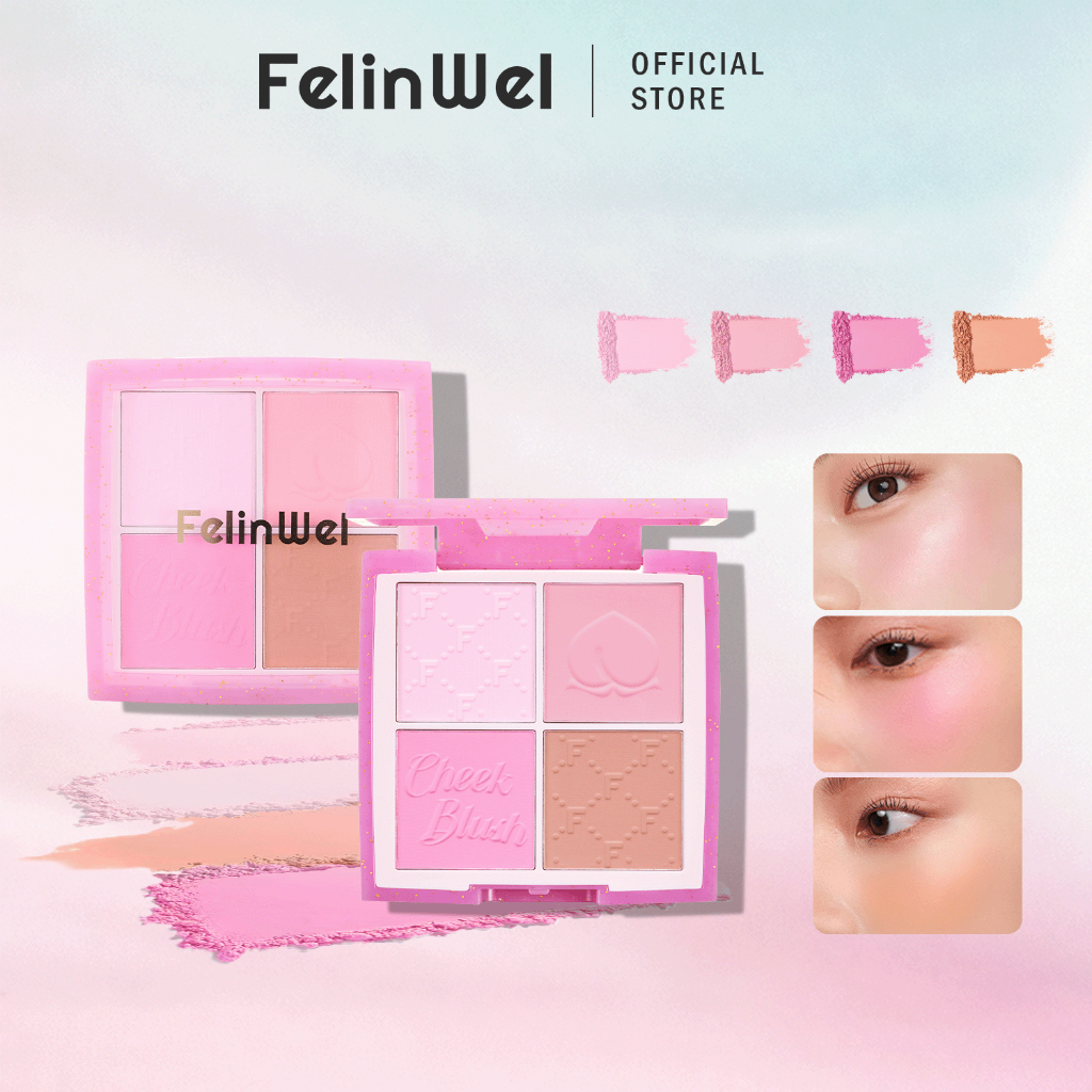 FelinWel - Bảng Phấn Má Hồng 4 Màu Sắc Tố Cao Lâu Trôi, Thuần Chay Không Thử Nghiệm Động Vật, Tự Nhiên Rạng Rỡ