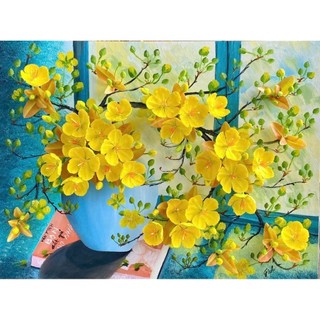 Tranh dán tường hoa mai hoa đào, tranh 3D dán tường in trên chất liệu vải lụa (shop tặng kèm keo dán)