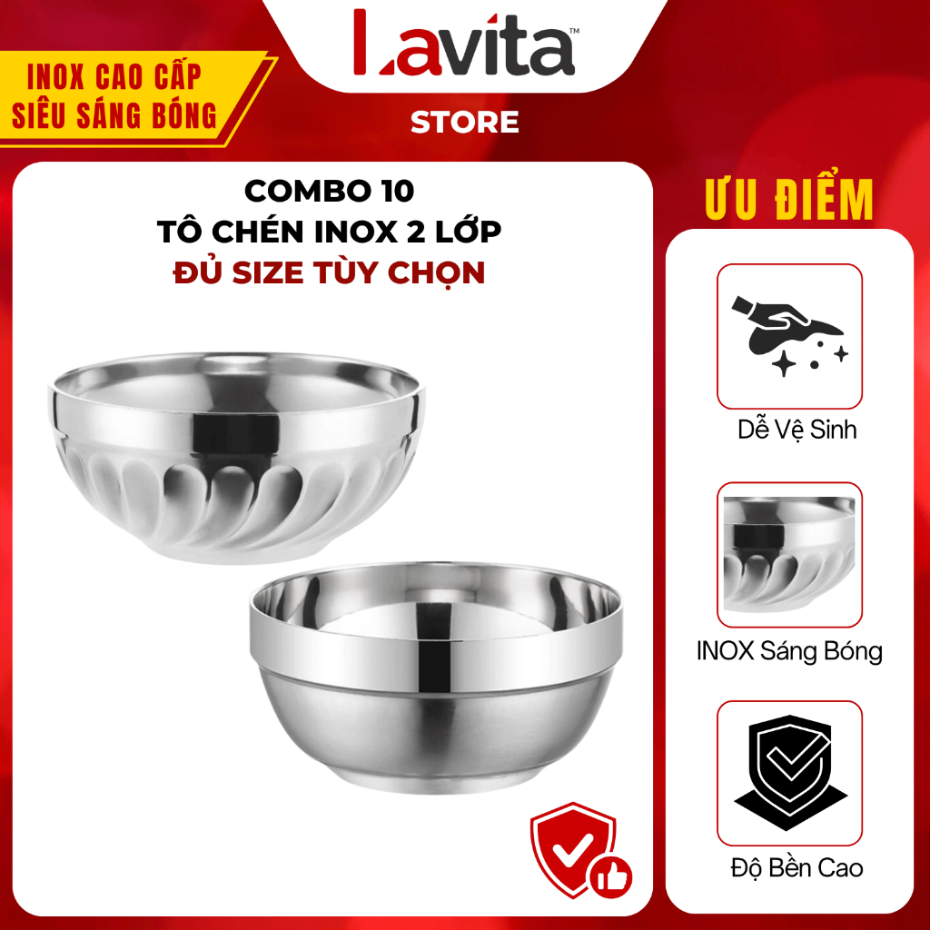 Combo 10 Tô Chén Inox Cao Cấp Delio Có 2 Lớp Cách Nhiệt Chống Nóng Kiểu Dáng Hàn Quốc