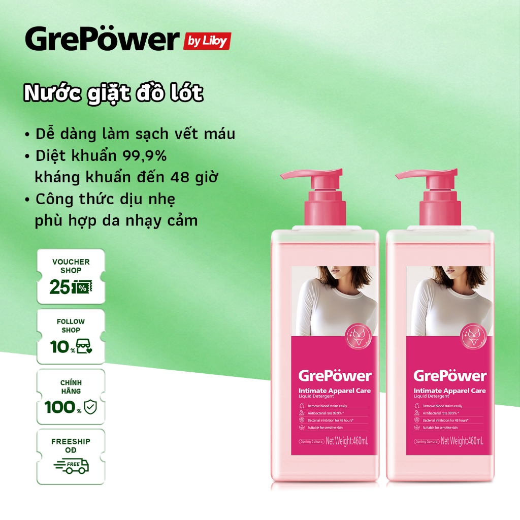 Nước giặt dành cho đồ lót GrePower 180ml/460ml - Công thức dịu nhẹ,  diệt khuẩn tới 99.9%,phù hợp da nhạy cảm