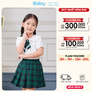 Set đi học bé gái ILABY HCM áo sơ mi học sinh tay bồng và chân váy chất liệu cotton cao cấp, chân váy kèm nơ [1899+1896]