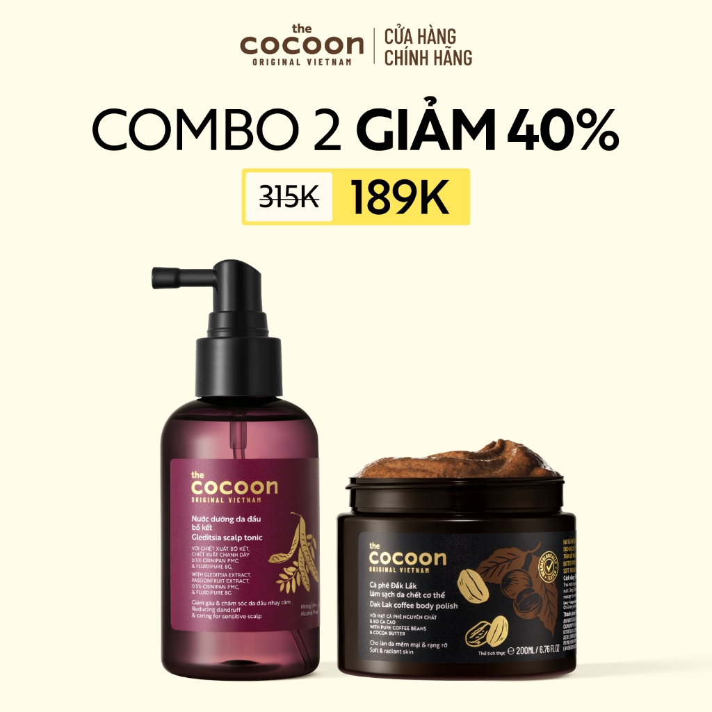 [MUA 2 GIẢM 42%] Combo 1 Nước dưỡng da đầu bồ kết 140ml + 1 Hũ Cà phê Đắk Lắk làm sạch da chết cơ thể Cocoon 200ml