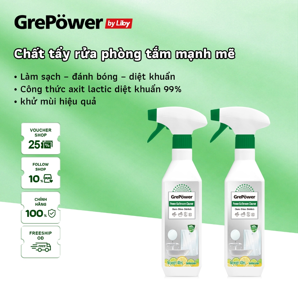 Dung Dịch Tẩy Rửa phòng tắm GrePower, cho kính, nhà vệ sinh, vòi và gạch sàn, loại bỏ vết bẩn và khử trùng