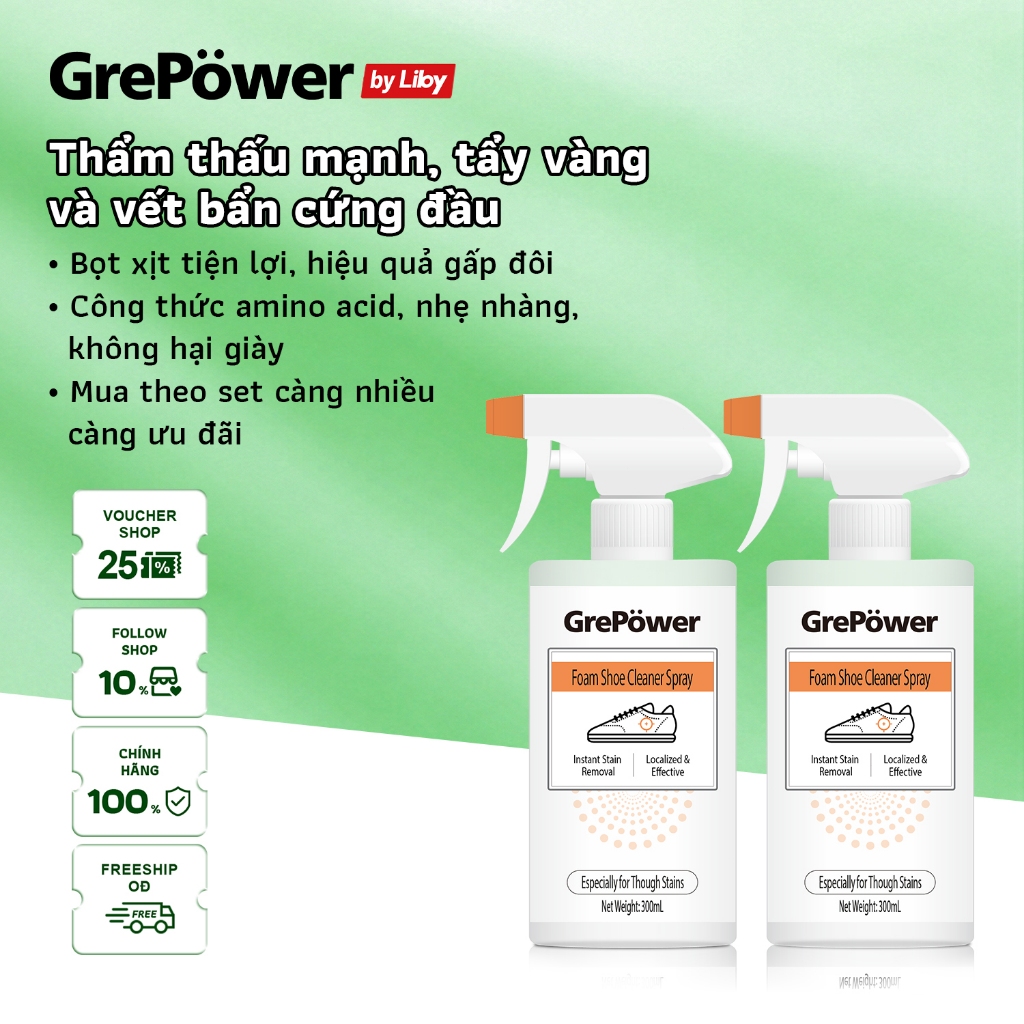 Bọt Xịt Vệ Sinh Giày GrePower Phiên Bản Mới Mẹ Bỉm Tin Dùng – Làm Sạch Từng Chỗ, Không Cần Giặt Cả Đôi, Chỉ Phun Chải Là