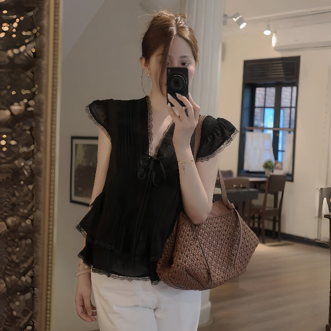 Áo Babydoll Kiểu Nữ Phối Ren Xếp Ly Bèo Tầng Phong Cách Hàn Quốc Mùa Hè Kimee - KA893