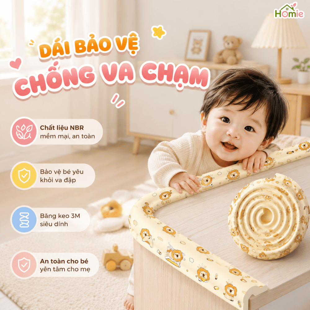 Đệm Xốp Bịt Góc Bàn, Đầu Giường Chống Va Chạm Cho Bé HOMIE Dải Bảo Vệ Bọc Cạnh Bàn,Chất Liệu An Toàn