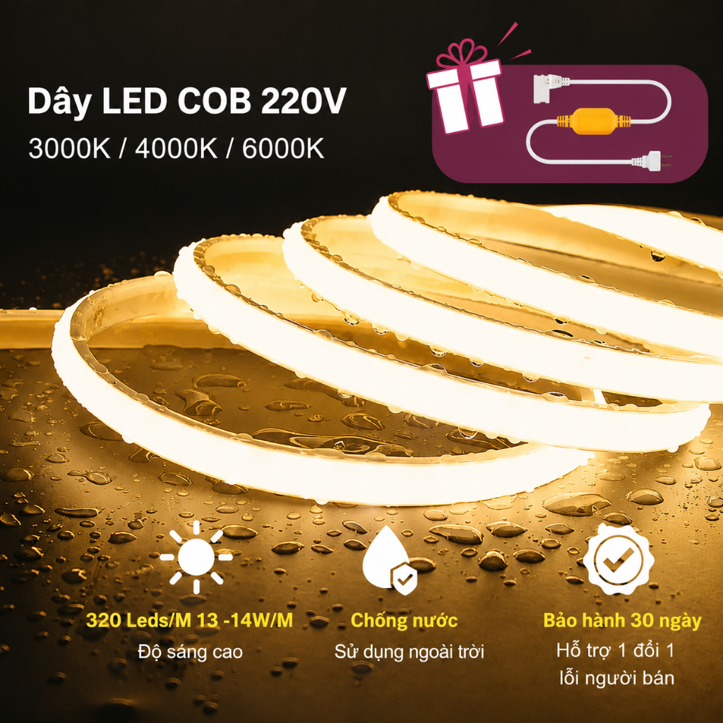 [TẶNG PHÍCH CẮM] Đèn LED Dán COB 220V Bọc Silicon Chống Nước Siêu Sáng Trang Trí Kệ Bắt Trần Decor Phòng