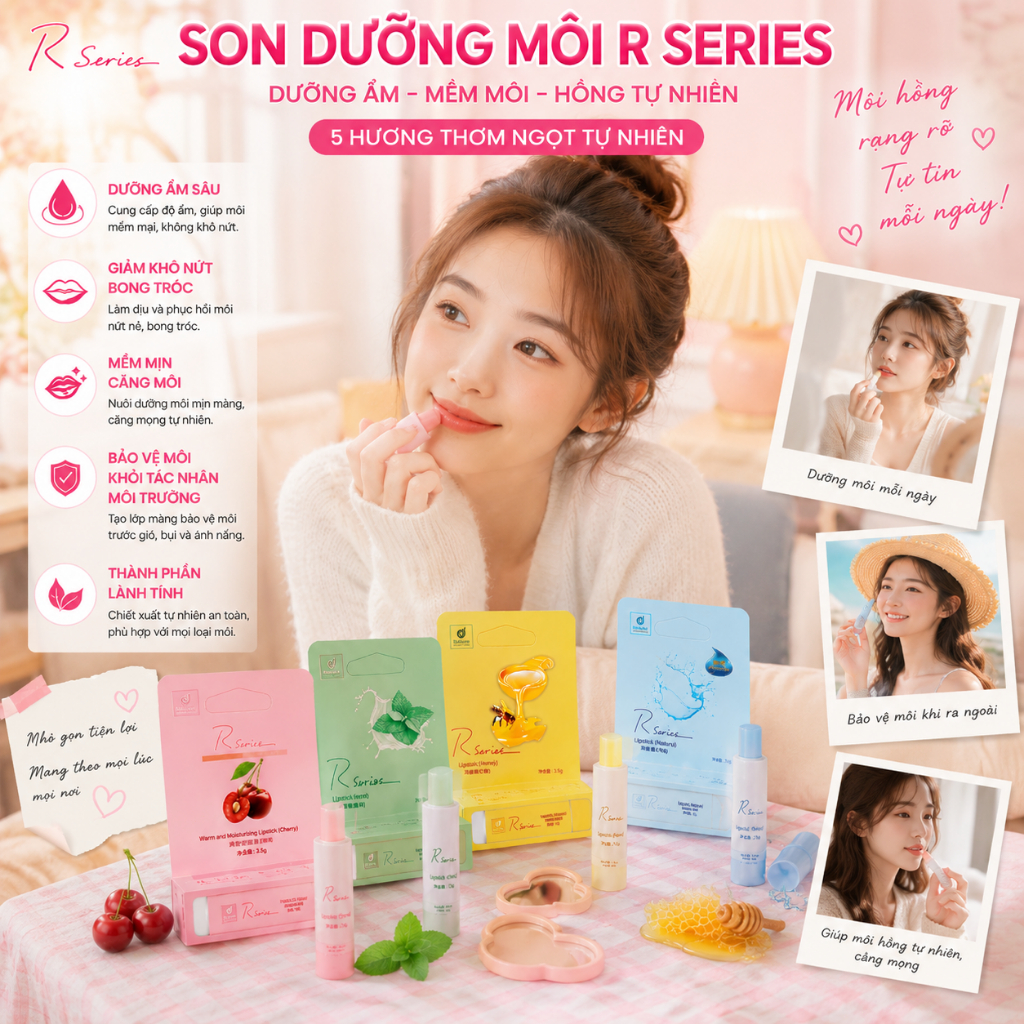 Son Dưỡng R-Series – Môi Mềm Mịn, Căng Mọng, Dưỡng Ẩm 24H, Hương Dịu Nhẹ, Nhẹ Mỏng Phù Hợp Mọi Loại Da