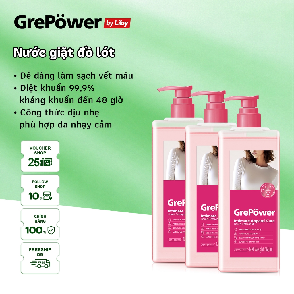 Nước giặt dành cho đồ lót GrePower 180ml/460ml - Công thức dịu nhẹ, phù hợp da nhạy cảm, diệt khuẩn tới 99.9%