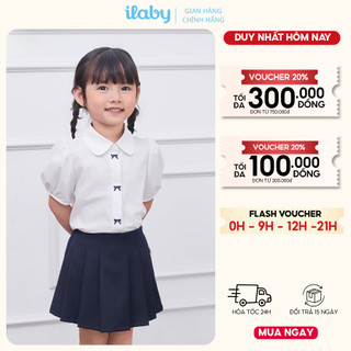 Áo sơ mi đi học bé gái ILABY HCM áo sơ mi học sinh tay bồng thêu nơ chất liệu cotton thoáng mát [2872]