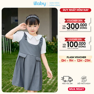 Váy cho bé gái ILABY HCM thiết kế dáng yếm may liền áo trắng tay bồng, phù hợp cho bé đi học, đi chơi [3245]
