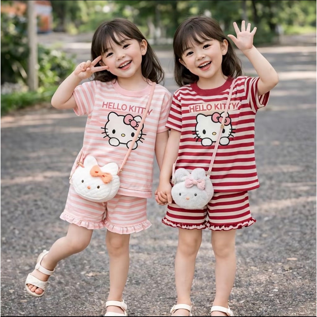 SÉT BỘ QUẦN ÁO KẺ VIỀN BÈO  IN HÌNH HELO KITTY XINH XẮN DỄ THƯƠNG CHO BÉ GÁI sz từ 9-35kg