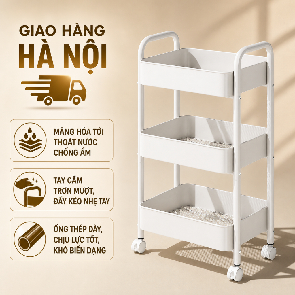 BOENIN【100%Thép】Xe Đẩy Spa có bánh xe Kệ sắt đa năng Xe để đồ 3 tầng