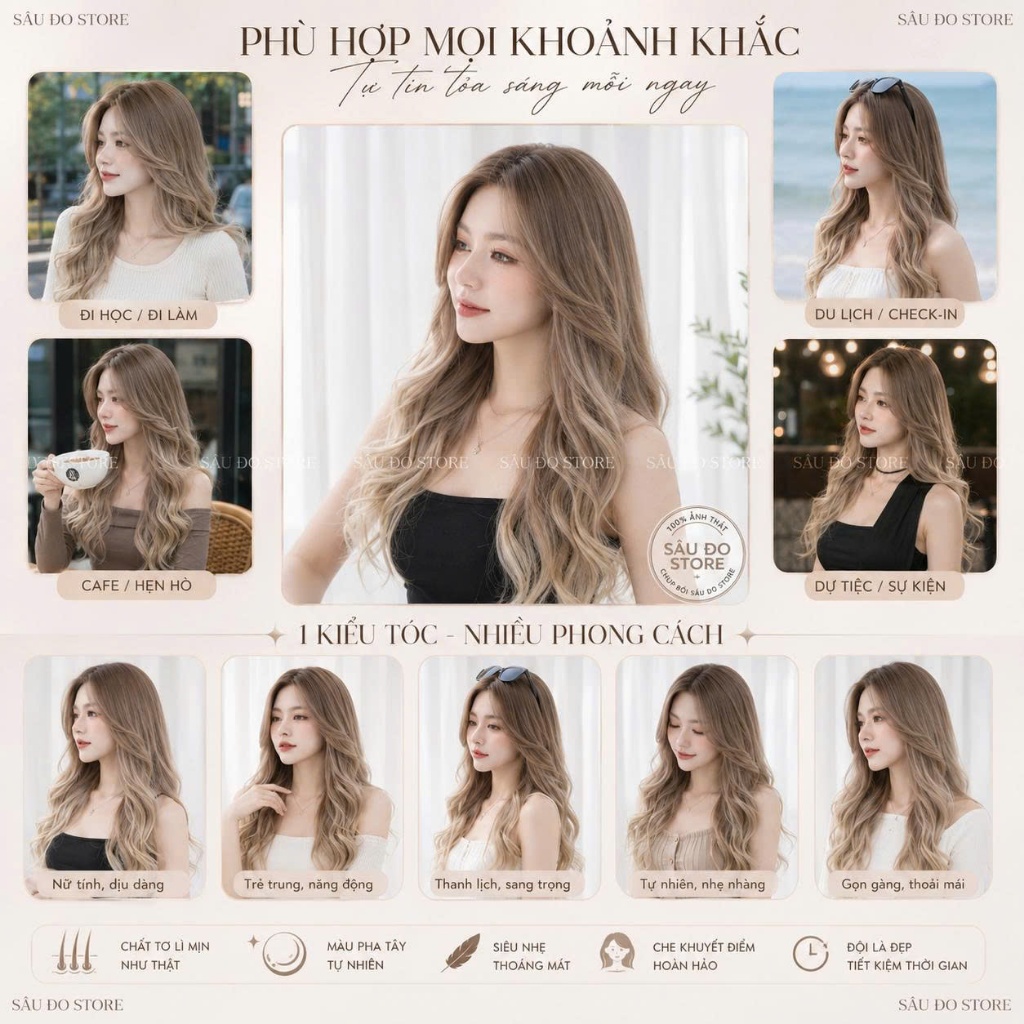 TÓC NGUYÊN ĐẦU KHÔNG MÁI NHUỘM PHA NÂU, VÀNG KHÓI TẶNG LƯỚI TRÙM