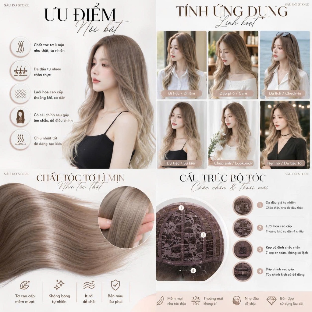 TÓC NGUYÊN ĐẦU KHÔNG MÁI NHUỘM PHA NÂU, VÀNG KHÓI TẶNG LƯỚI TRÙM