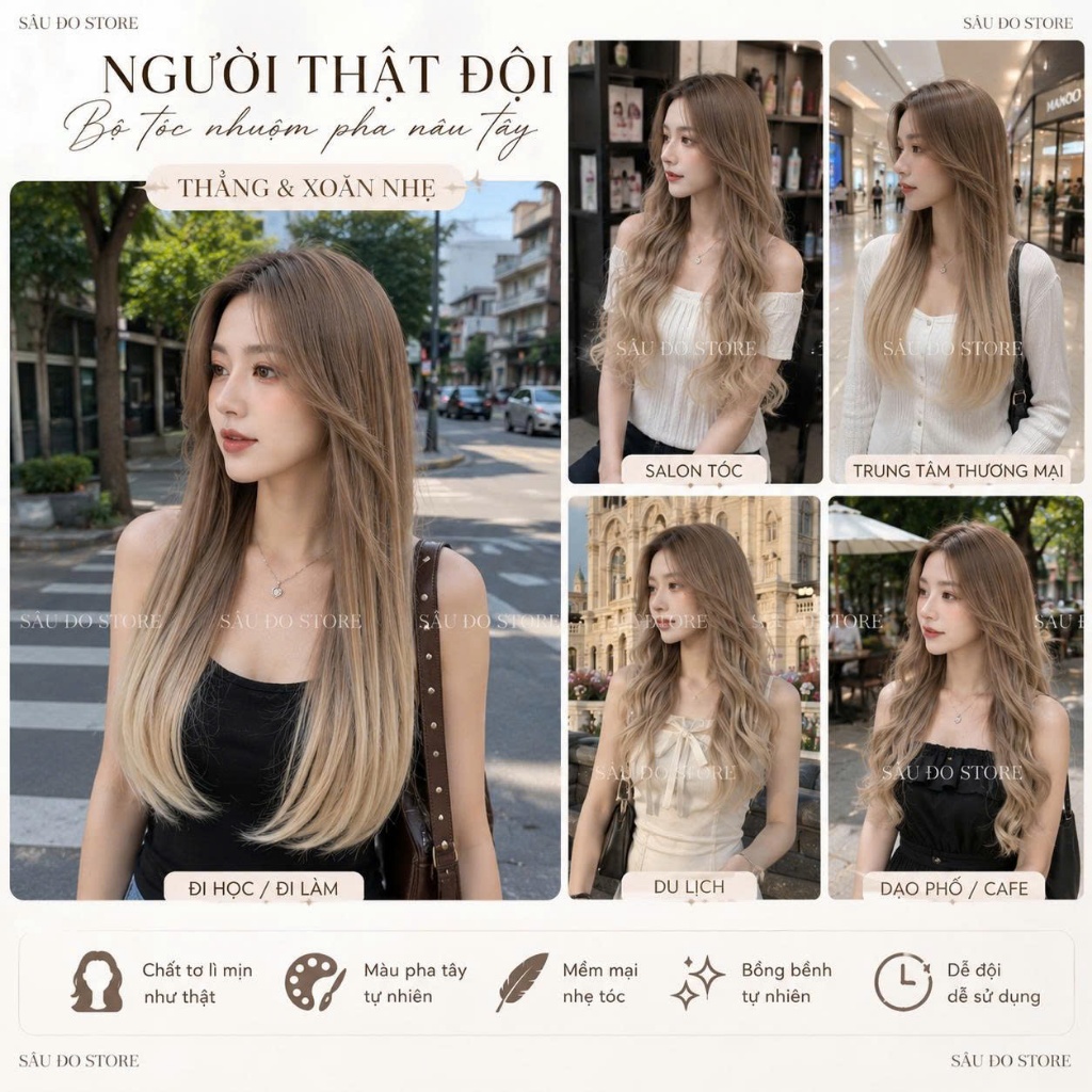 TÓC NGUYÊN ĐẦU KHÔNG MÁI NHUỘM PHA NÂU, VÀNG KHÓI TẶNG LƯỚI TRÙM