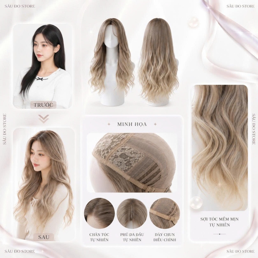 TÓC NGUYÊN ĐẦU KHÔNG MÁI NHUỘM PHA NÂU, VÀNG KHÓI TẶNG LƯỚI TRÙM