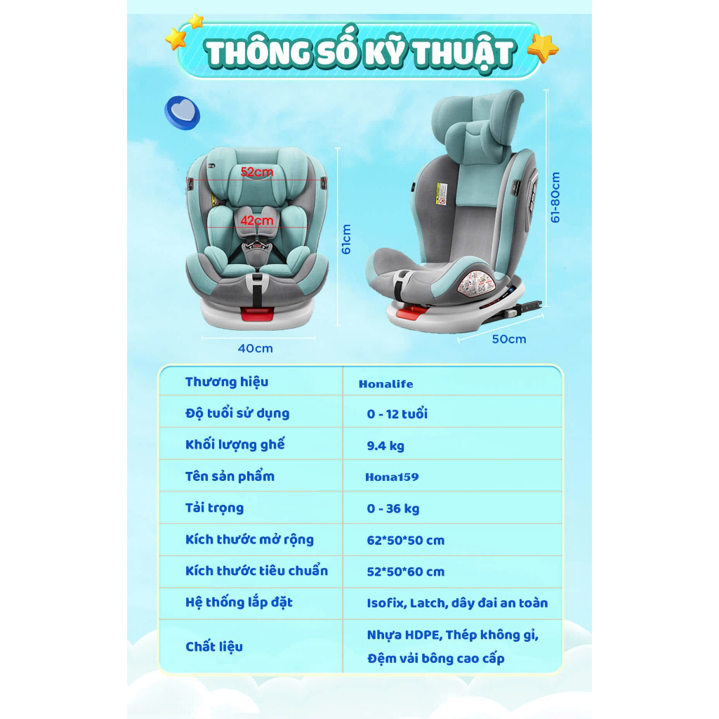 Ghế ngồi ô tô cho bé Honalife HONA159 - An toàn, thông minh, đồng hành cùng bé