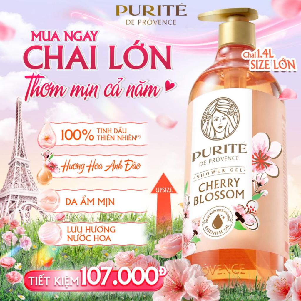 [CÓ SIZE KHỔNG LỒ 1.4L] Sữa Tắm PURITÉ Hoa Anh Đào/Hoa Hồng/Hoa Oải Hương/Hoa Mẫu Đơn/Tinh Dầu Thơm 850ML/ 1.1L/ 1.4L