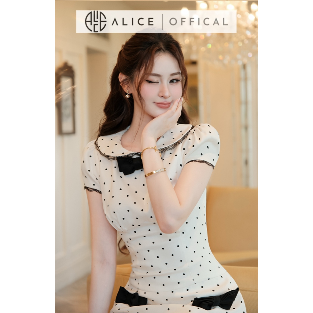 Jumpsuit Chấm Bi Tiểu Thư Alice Dáng Ngắn Cổ Nơ Phối Tay Con Dáng Chữ A Cao Cấp T564