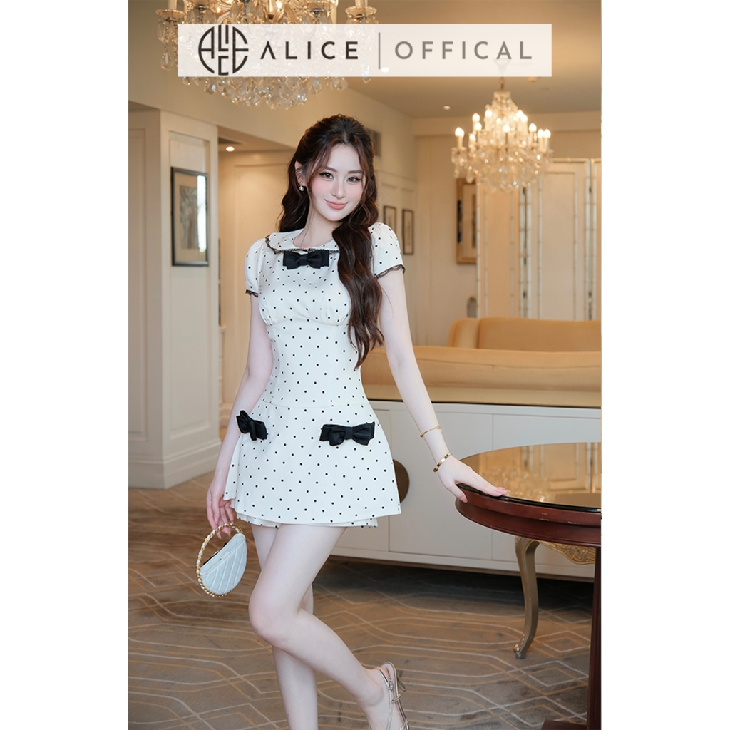 Jumpsuit Chấm Bi Tiểu Thư Alice Dáng Ngắn Cổ Nơ Phối Tay Con Dáng Chữ A Cao Cấp T564