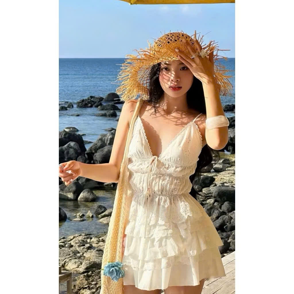 SET ÁO 2 DÂY XÔ HOA NƠ PHỐI CHÂN VÁY TẦNG, SET ĐỒ NỮ TIỂU THƯ | MEOINDAHOUSE