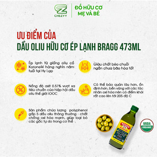 Dầu oliu hữu cơ ép lạnh Bragg 473ml, dầu oliu nguyên chất