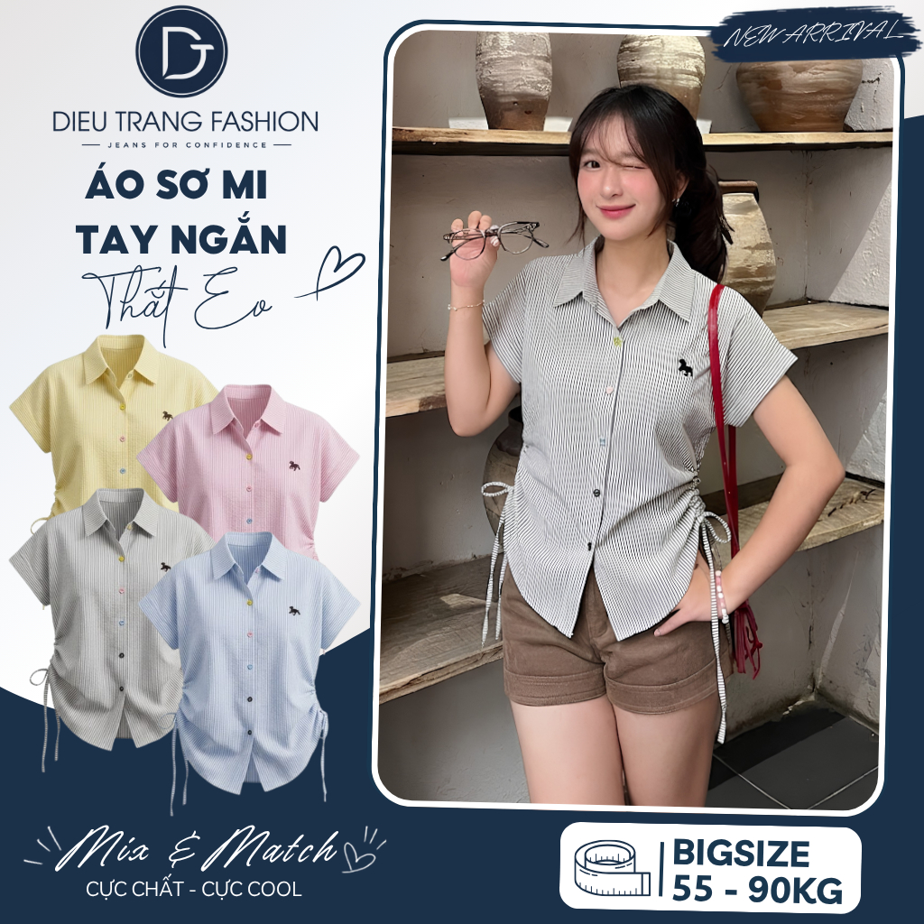 Áo Sơ Mi Nữ Tay Ngắn Thắt Eo Kẻ Sọc Form Rộng Thêu Ngựa Big Size 55-90Kg AT9021 Dieu Trang Fashion
