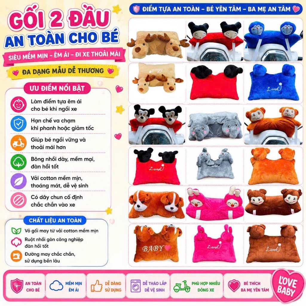 [ 2 ĐẦU ] Gối đi xe máy 2 đầu cho bé , đa dạng mẫu cho bé