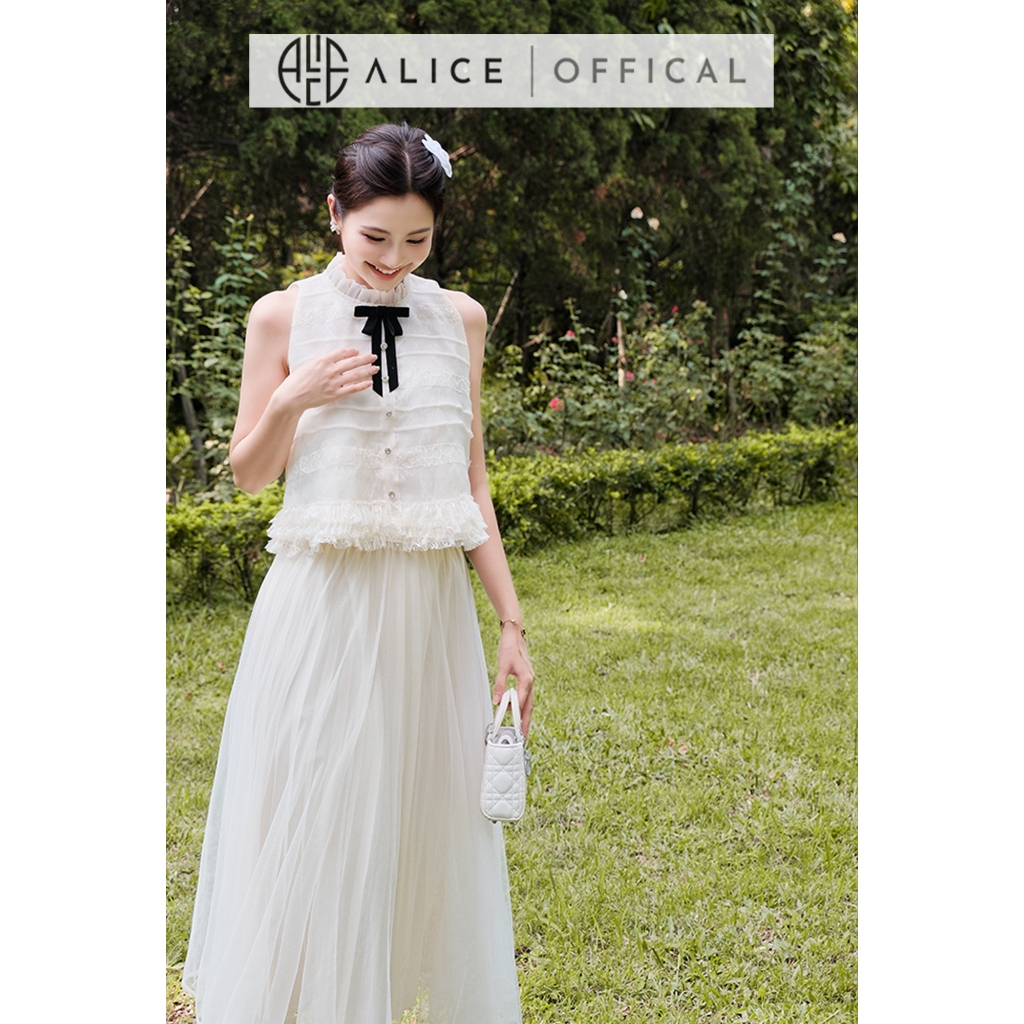 Set Váy Tiểu Thư Cao Cấp Alice Áo Ren Phối Tơ Xếp Tơ Ngang, Chân Váy Dài Chất Lưới Lót Lụa A1105+CV1082