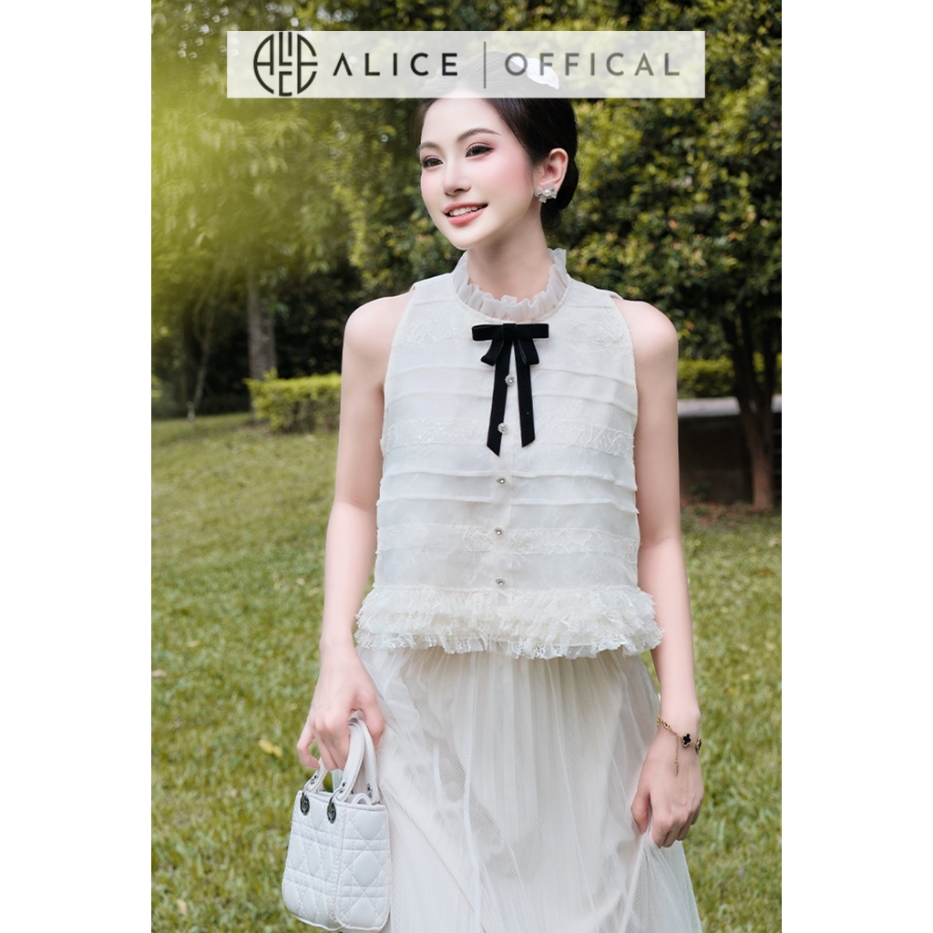 Set Váy Tiểu Thư Cao Cấp Alice Áo Ren Phối Tơ Xếp Tơ Ngang, Chân Váy Dài Chất Lưới Lót Lụa A1105+CV1082