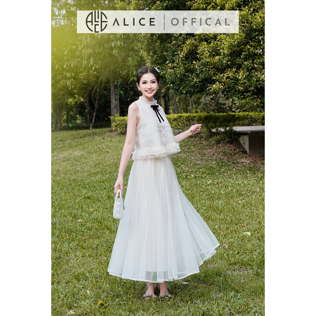 Set Váy Tiểu Thư Cao Cấp Alice Áo Ren Phối Tơ Xếp Tơ Ngang, Chân Váy Dài Chất Lưới Lót Lụa A1105+CV1082