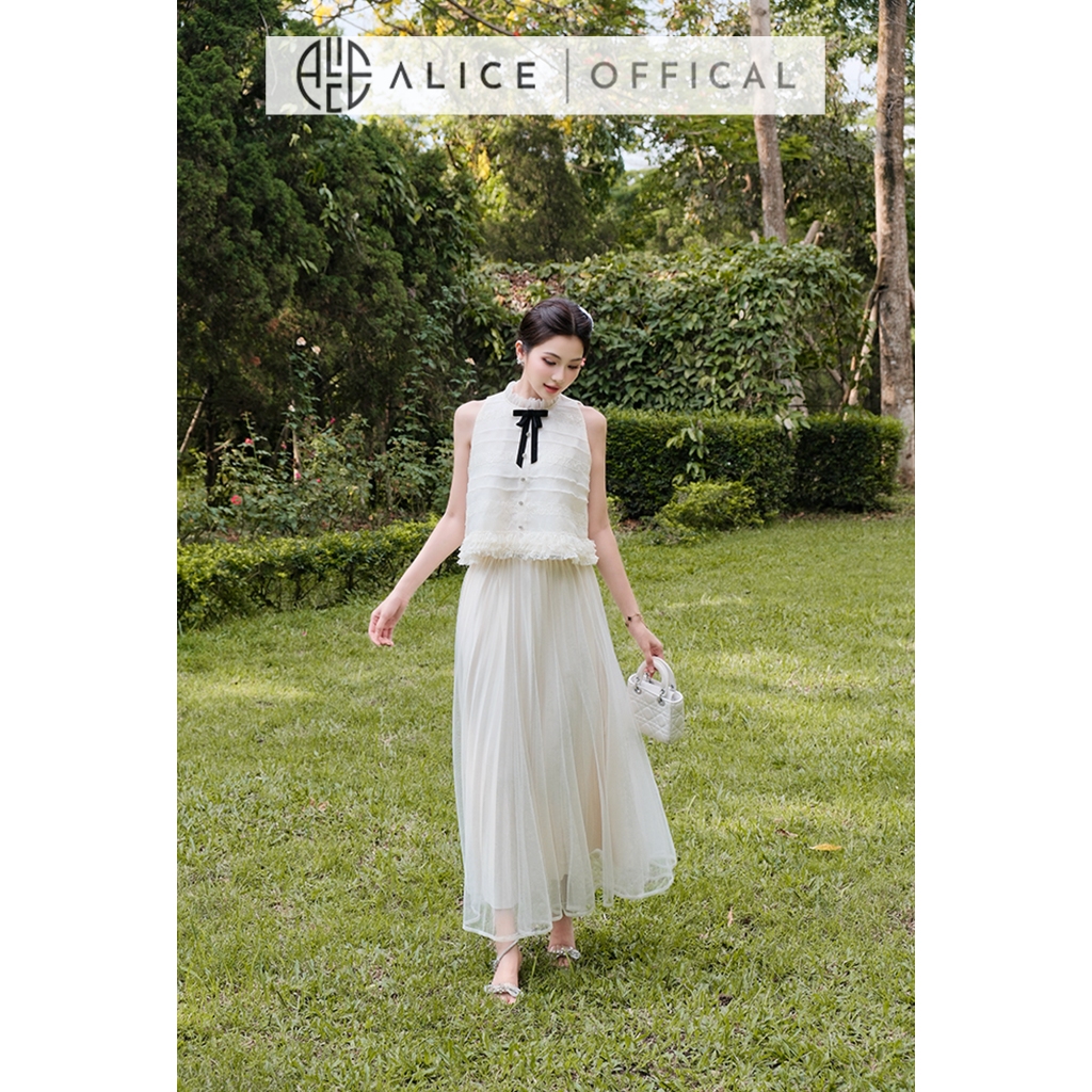 Set Váy Tiểu Thư Cao Cấp Alice Áo Ren Phối Tơ Xếp Tơ Ngang, Chân Váy Dài Chất Lưới Lót Lụa A1105+CV1082