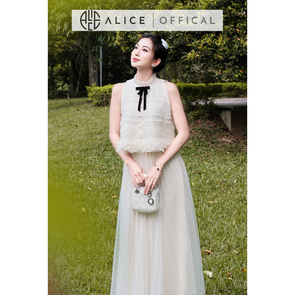 Set Váy Tiểu Thư Cao Cấp Alice Áo Ren Phối Tơ Xếp Tơ Ngang, Chân Váy Dài Chất Lưới Lót Lụa A1105+CV1082