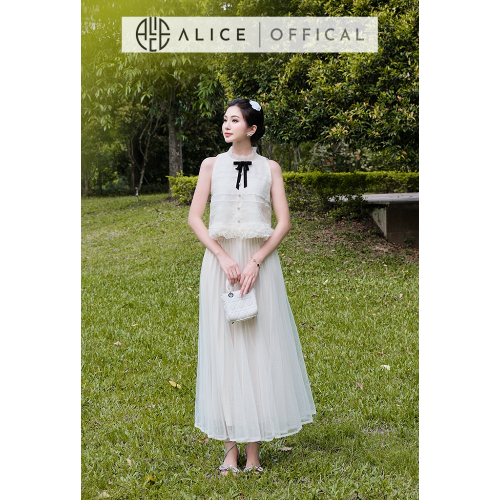 Set Váy Tiểu Thư Cao Cấp Alice Áo Ren Phối Tơ Xếp Tơ Ngang, Chân Váy Dài Chất Lưới Lót Lụa A1105+CV1082