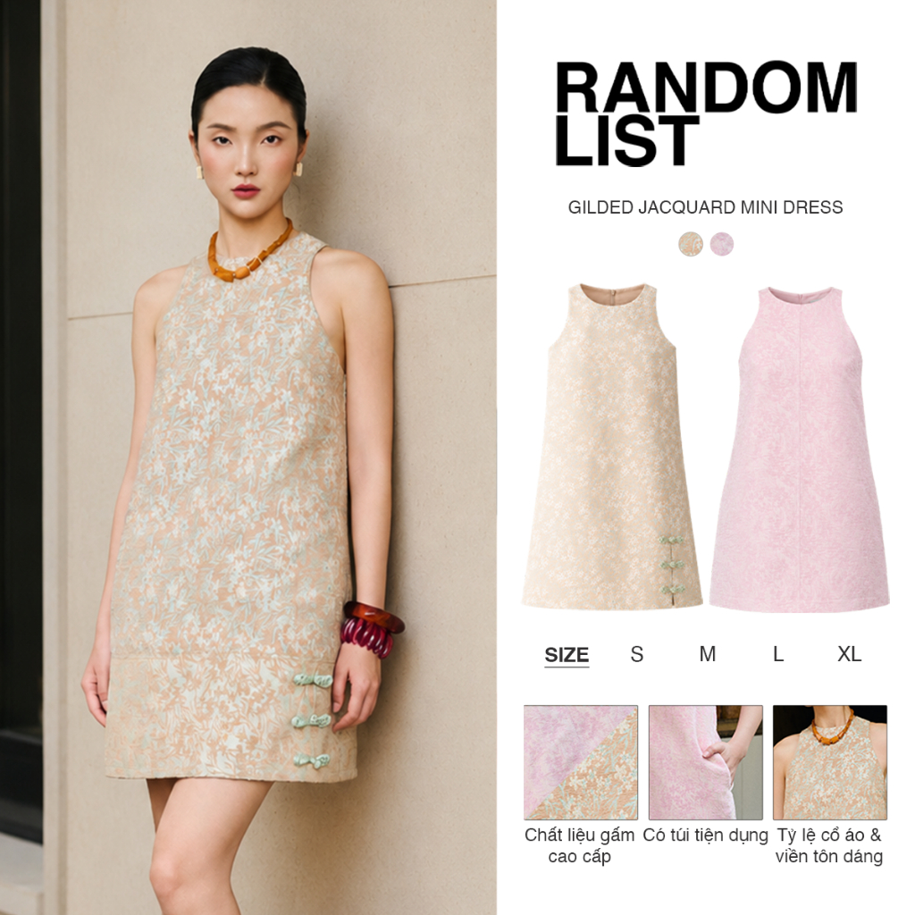 RANDOMLIST - Đầm suông ngắn phom chữ A gấm hoạt tiết cổ cao sát nách - Gilded Jacquard Mini Dress