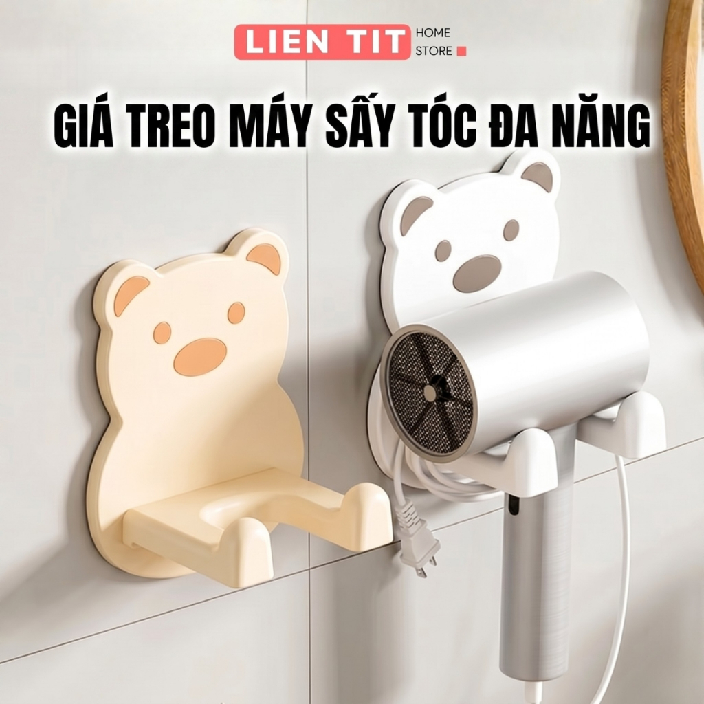 Giá Đỡ Máy Sấy Tóc Dán Tường, Kệ Để Đồ Phòng Tắm Hình Gấu Bằng Nhựa ABS